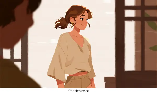 A young woman standing in a sunlit room looking to the side