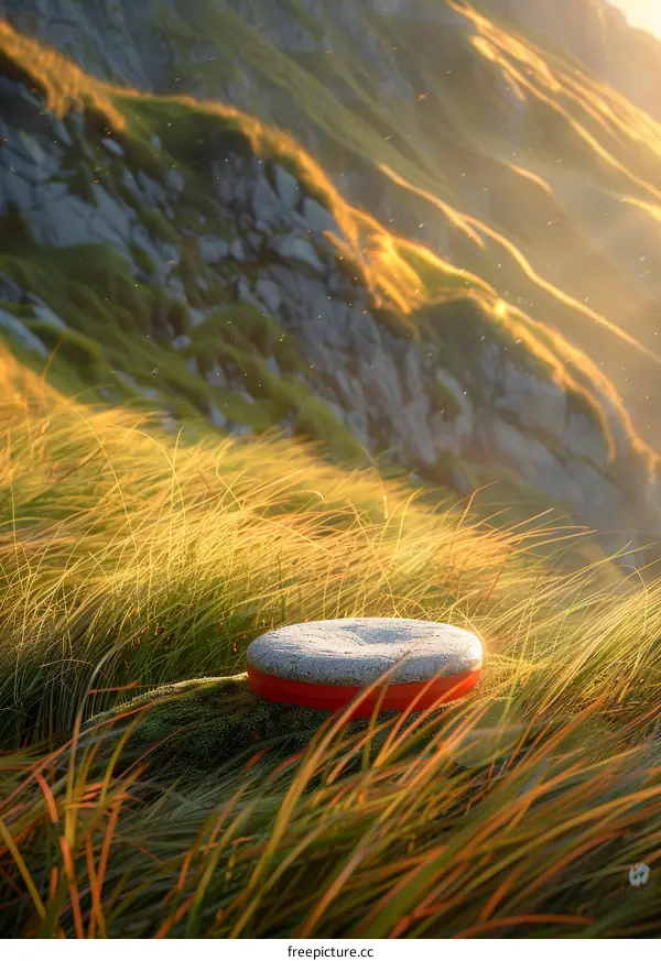 The sun shines on the stone in the grass