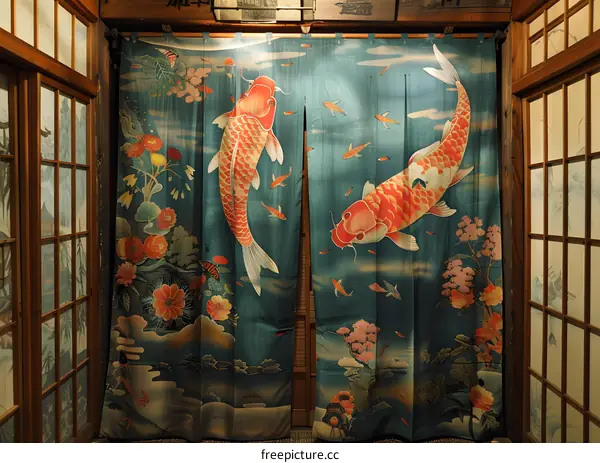 Two Japanese vintage style koi fish curtains