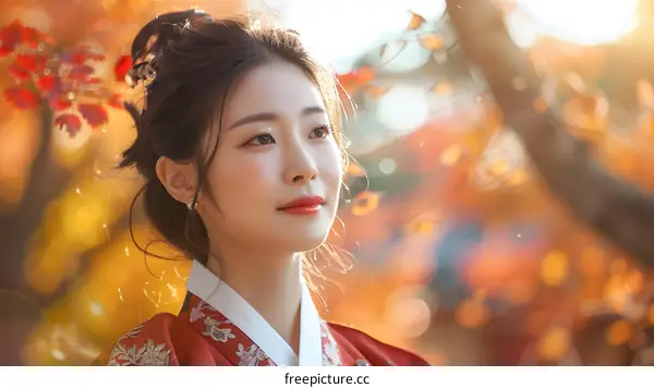 Portrait of a young Korean woman in traditional Hanbok dress