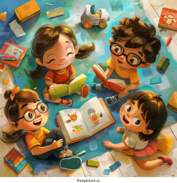 Four happy children reading books together