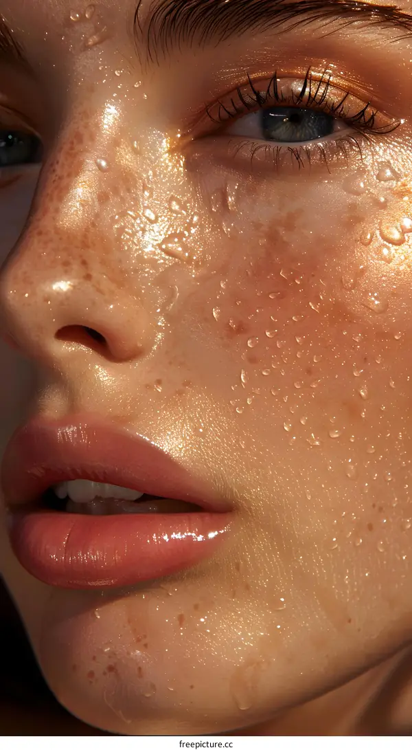 Close-Up Beauty Portrait of a Woman with Freckles and Water Droplets