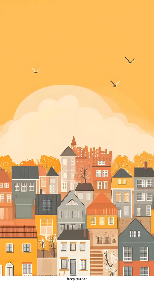 Autumn Village Illustration with Yellow Sky and Birds