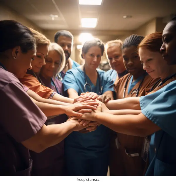 Multiracial group of doctors and nurses joining hands in solidarity