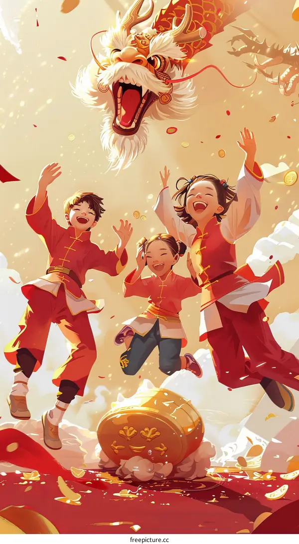 Three happy children jumping in the air while celebrating Chinese New Year