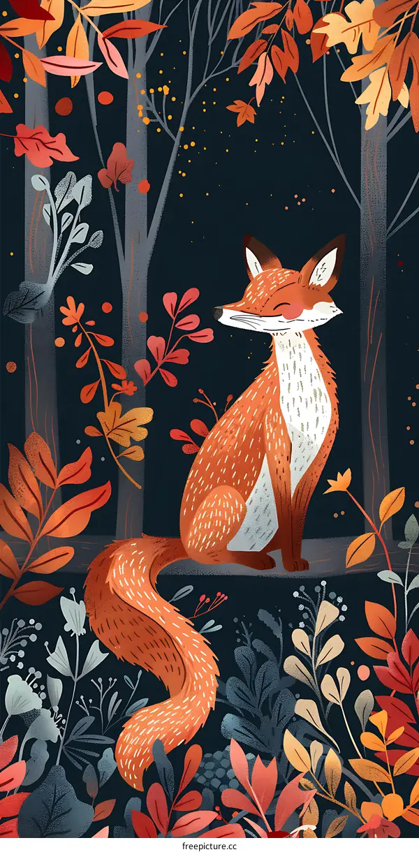 Cute Fox Sitting in Autumn Forest