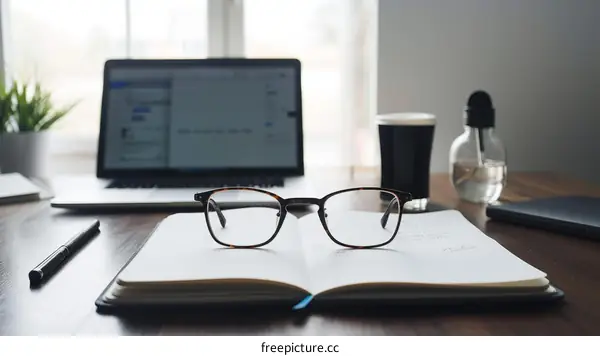 Glasses on a desk with a laptop and notebook
