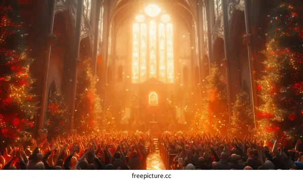 A large crowd of people are inside a church. The church is decorated with Christmas trees and lights. The people are sitting in pews and are holding candles. There is a bright light coming from the altar.