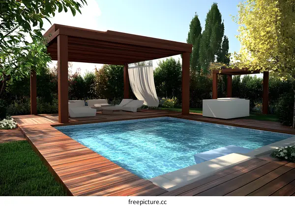 Swimming Pool With Pergola And Loungers In Backyard