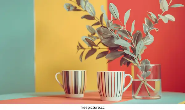 Two Cups and Plant on Colorful Background