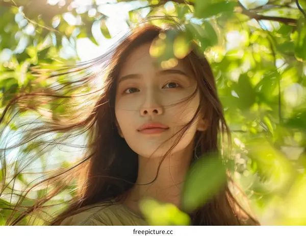 Tranquil Asian Woman in Lush Forest