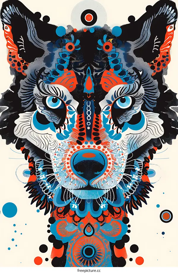 Wolf Illustration with Abstract Patterns in Blue and Orange