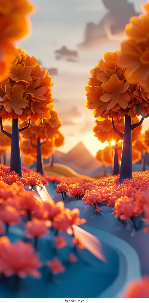 Surreal Landscape: Orange Trees and Flowers