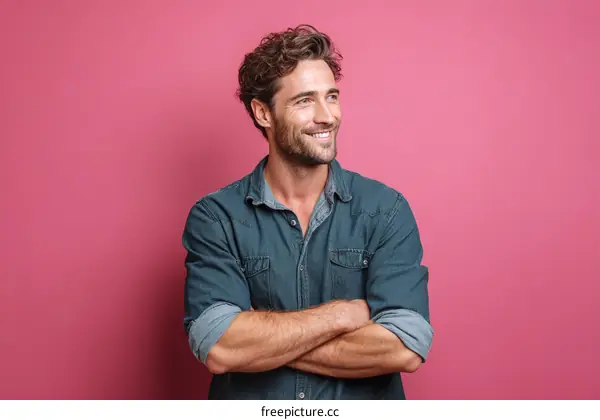 Smiling Caucasian Man Posing Against Pink Background