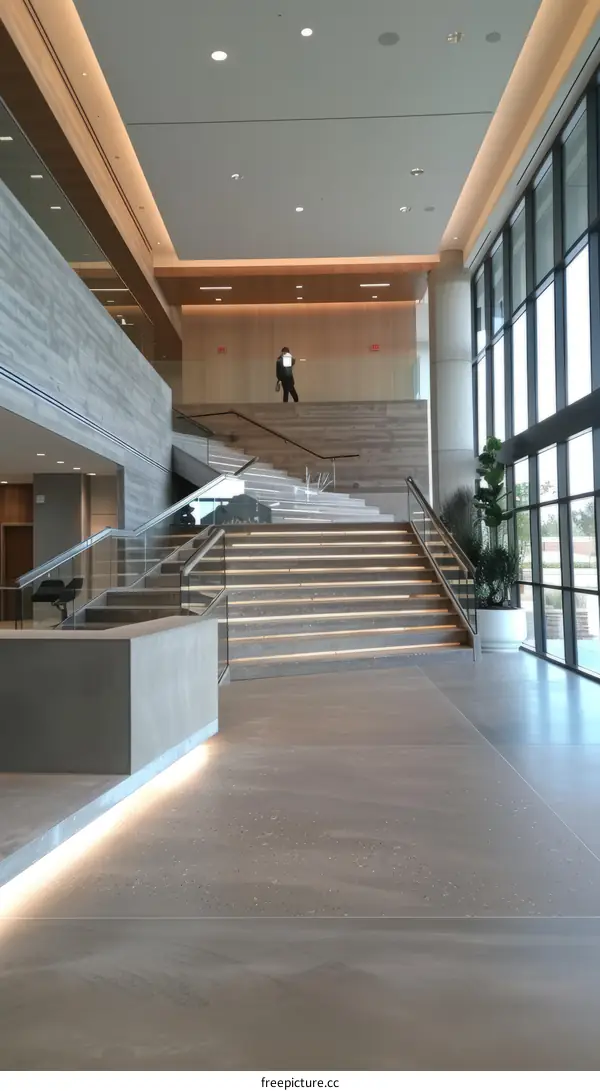 Office building interior with stairs and glass walls
