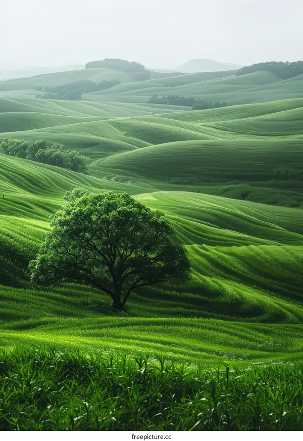 Picturesque green hills and a lonely tree