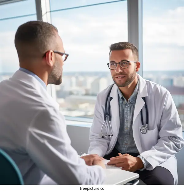 Two male doctors in lab coats are talking in a brightly lit room with windows in the background