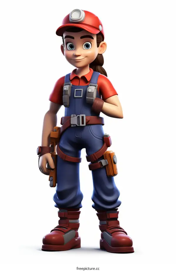 Brown haired girl wearing red hat and blue jumpsuit