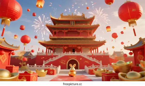 Festive Chinese New Year Scene with Traditional Architecture and Rabbit