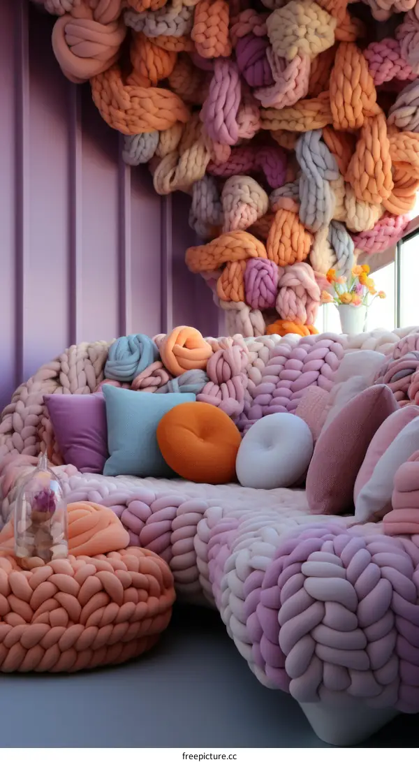 Colorful yarn sofa and pillows in a room with purple walls