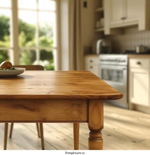 Rustic wooden table in a home kitchen with a blurred background