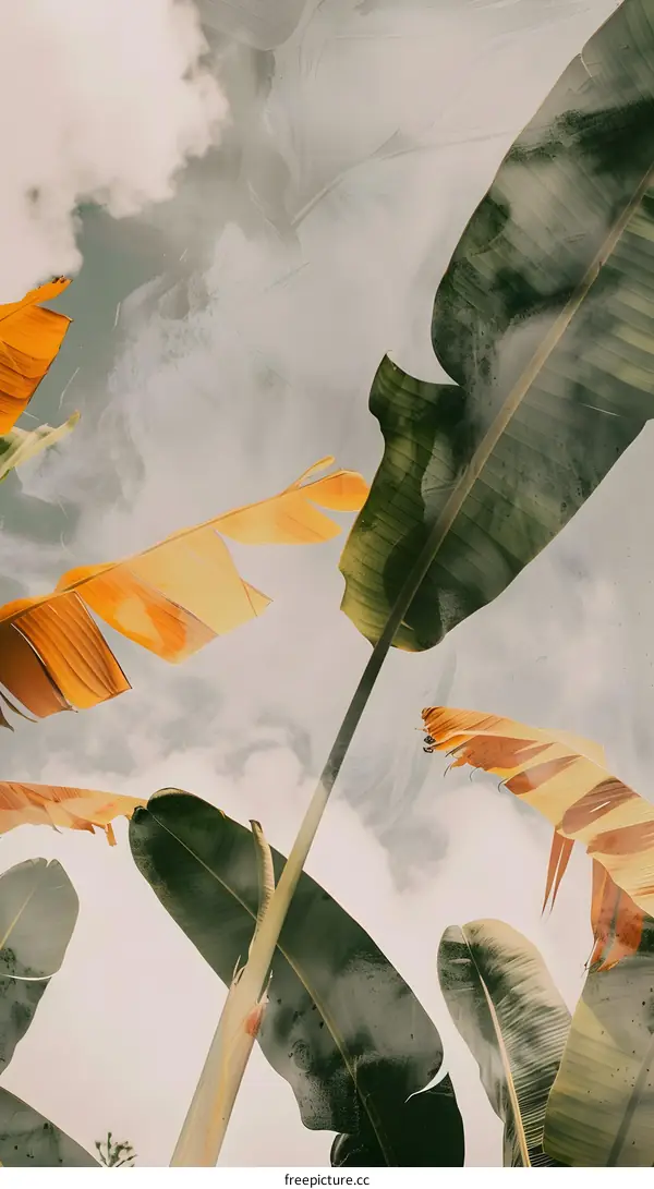 Tropical Banana Leaves with Cloudy Sky Background