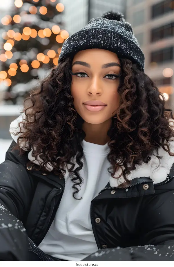 Woman in black winter jacket and beanie standing in snow