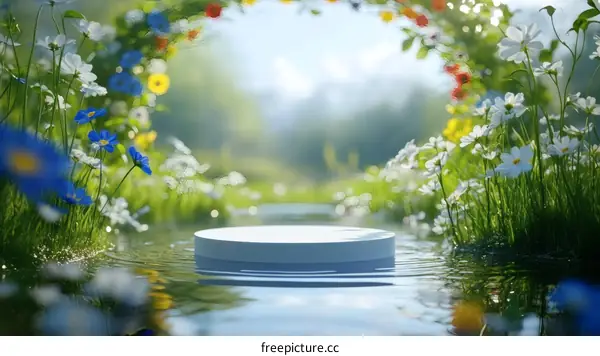 Floral Spring Scene with White Display Pod