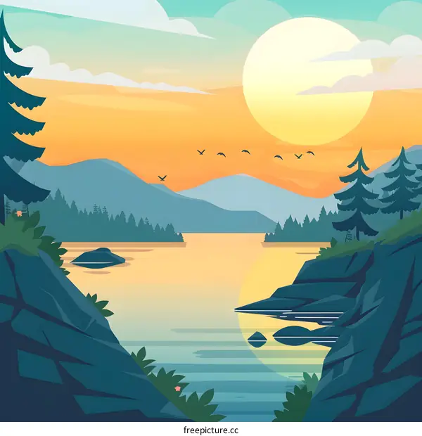 Sunset Landscape with Mountains, Lake, and Forest