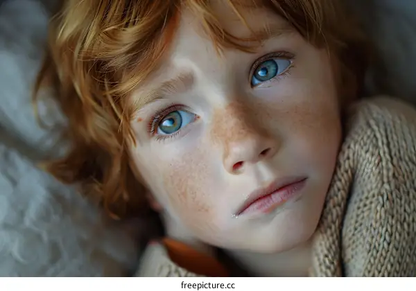 Portrait of a redheaded boy with freckles and green eyes