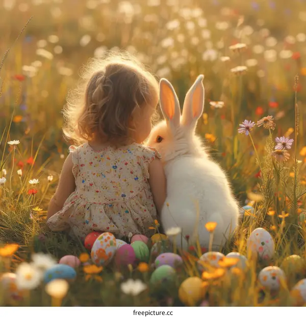 Little girl sitting in a field of flowers with a rabbit