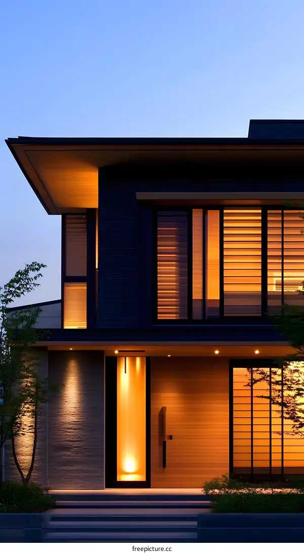 Modern House with Wooden Door and  Blinds in the Evening