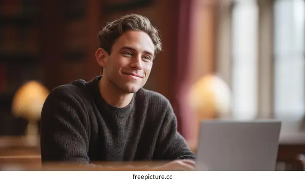 Young Man in Library Working on Laptop