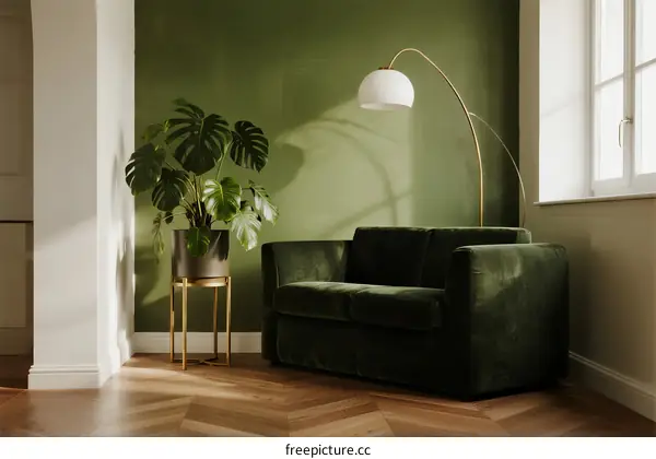 Cozy living room with green walls and a velvet sofa