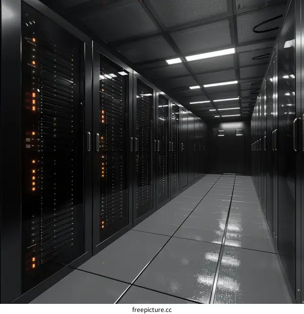 Server Room Interior With Black Cabinets And Orange Lights
