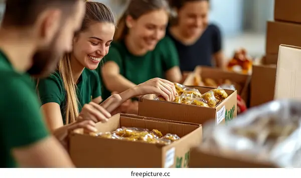 Volunteer Group Packing Food Relief Supplies
