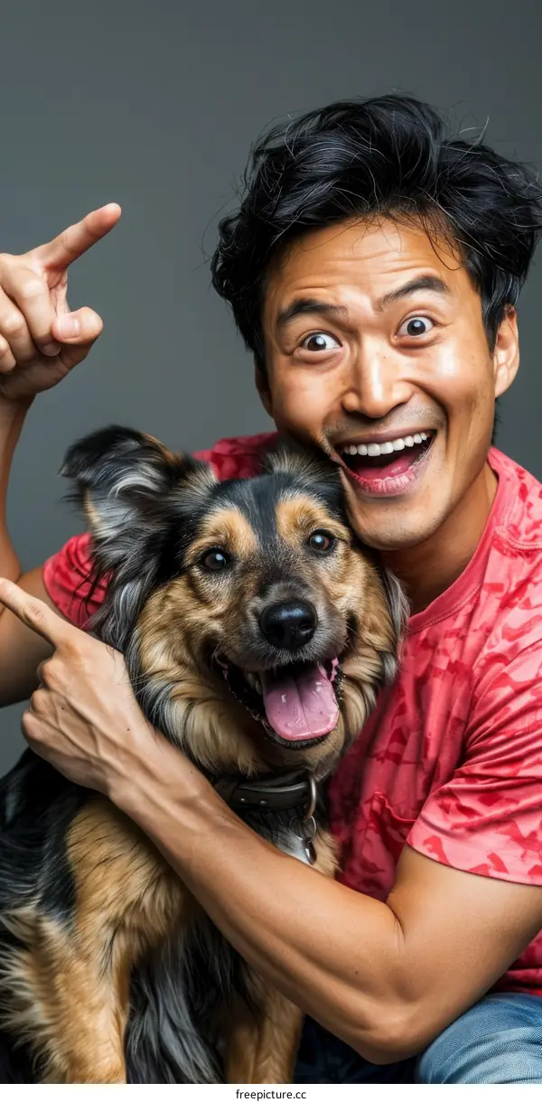 Asian man and dog pointing together