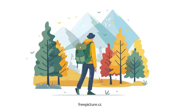 Man Walking Through Autumn Forest with Mountain View