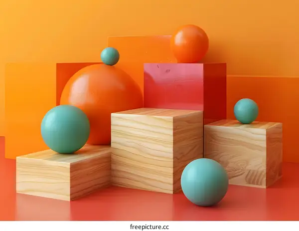 Abstract 3D Render of Colorful Spheres on Wooden Cubes