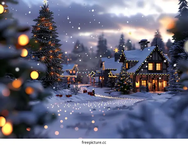 Snowy Christmas Village with Decorated Houses and Lights