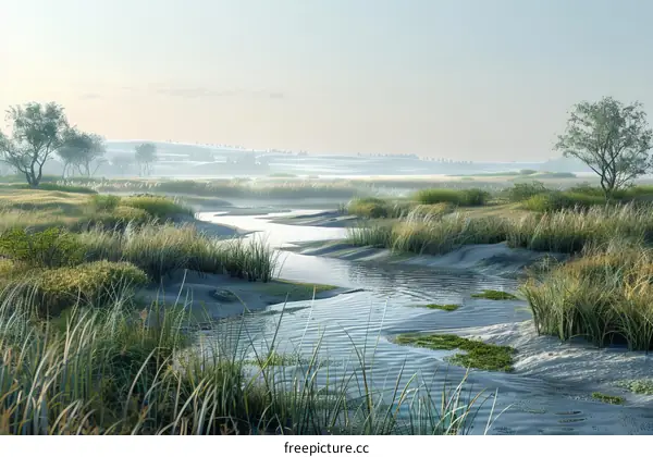 A Serene River Flows through a Vast Marsh