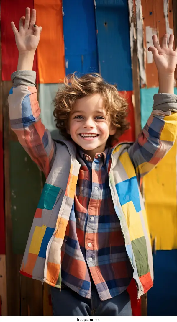 Portrait of a happy young boy with curly hair, wearing a colorful jacket