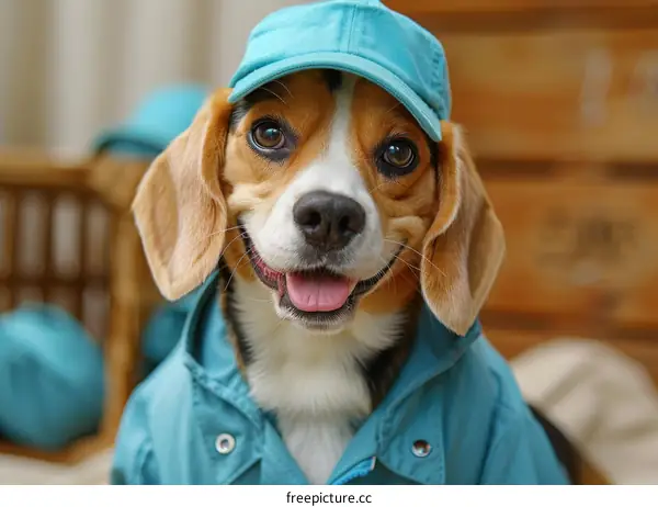 A beagle dog wearing a blue hat and a blue raincoat