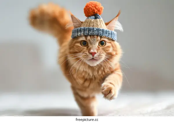 A ginger cat wearing a blue and orange beanie