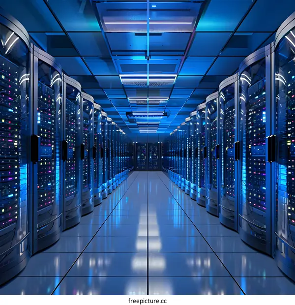 Server room with rows of server racks containing multiple server blades