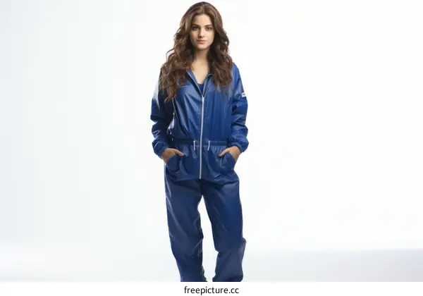 A woman wearing a blue jumpsuit