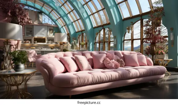 pink tufted sofa in a blue solarium