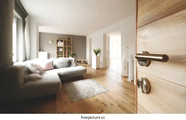 Modern Living Room Interior with Wooden Door