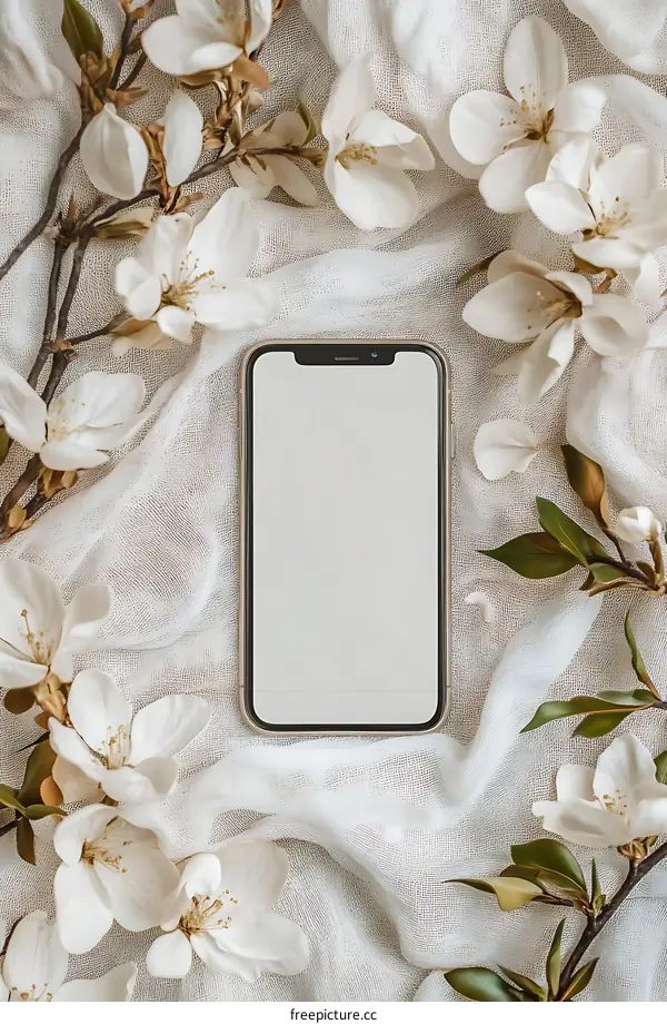 White Flowers and a Smartphone on White Fabric