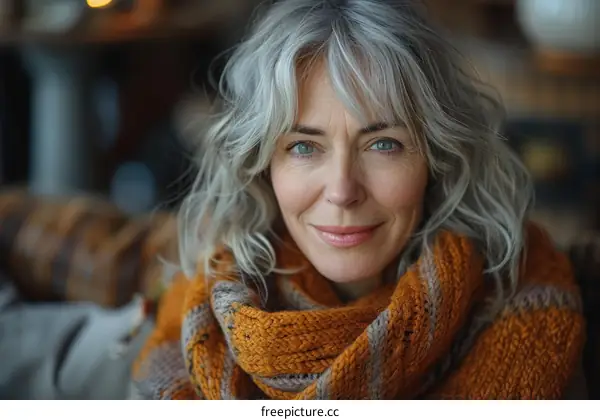 portrait of a smiling mature woman with gray hair wearing a brown scarf